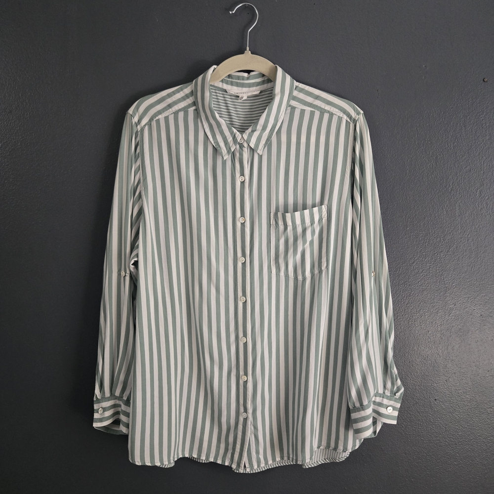 Jane and Delancey Green and White Striped Button-Down Shirt